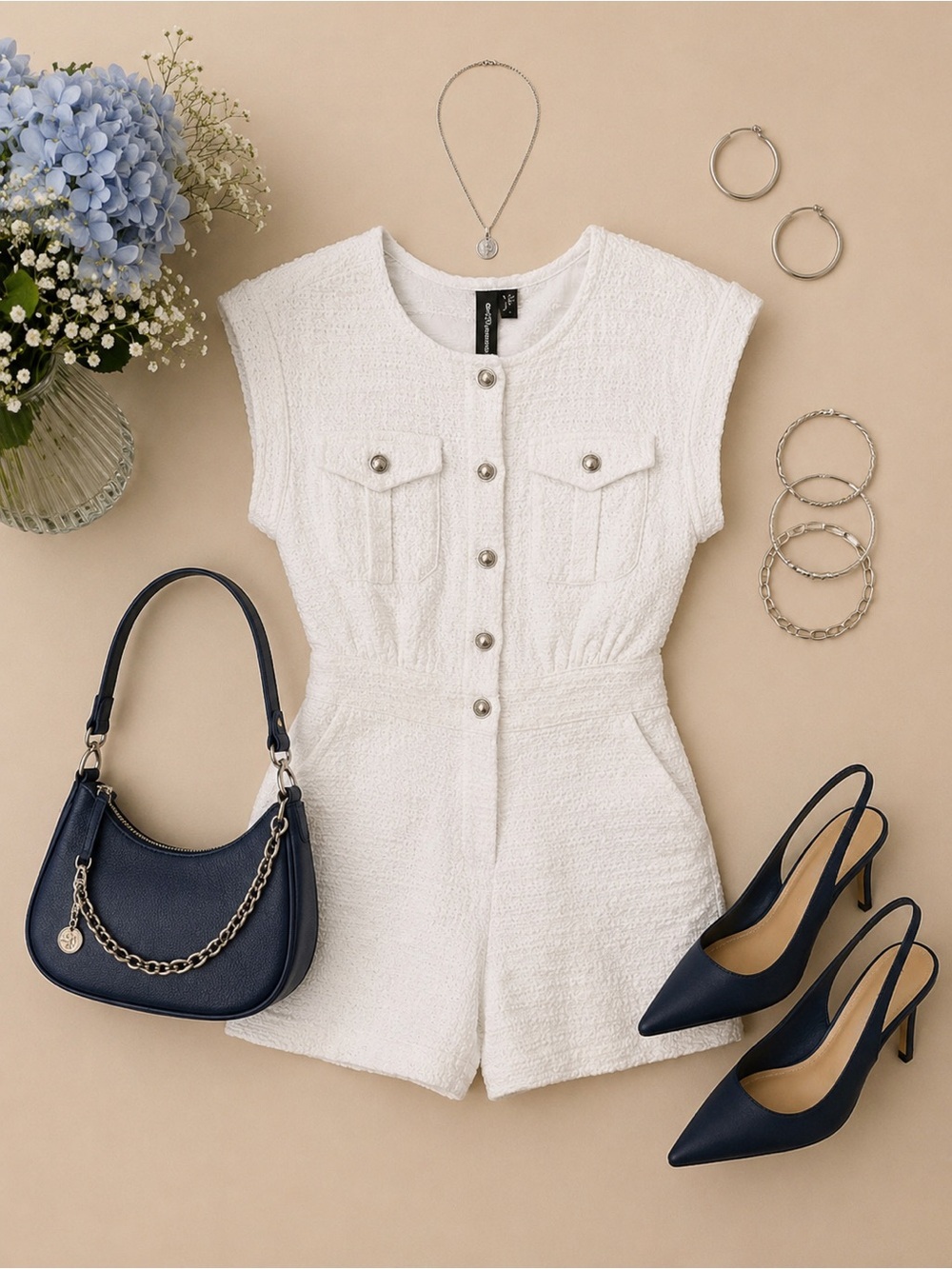 Express White Bouclé Tweed Sleeveless Utility Romper